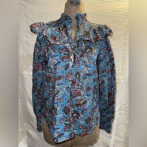 Loft Top Size Small Bouquet Ruffle Yoke Shirt Button Up Paisley Smocked Prairie